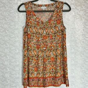 J Jill mixed print orange sleeveless button up blouse top V-Neck Rayon